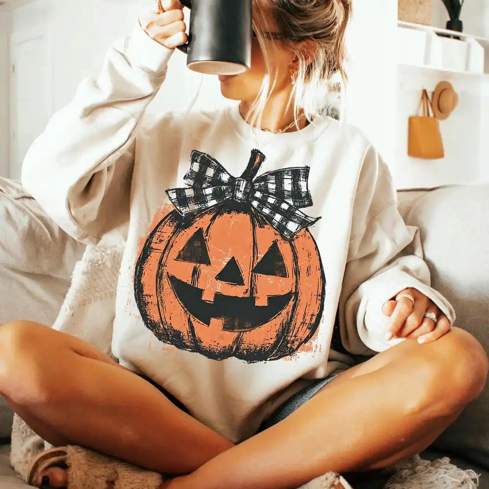 Women Long Sleeve Vintage Preppy Fall Pumpkin Sweatshirt Girly Autumn Checkered Halloween Fantasy Y2K Unisex Top Streetwear