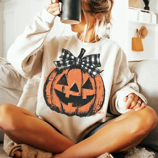 Women Long Sleeve Vintage Preppy Fall Pumpkin Sweatshirt Girly Autumn Checkered Halloween Fantasy Y2K Unisex Top Streetwear