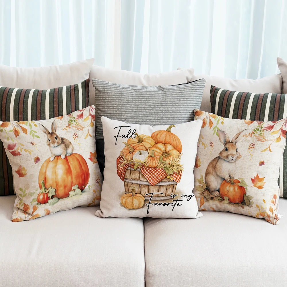 1pc/4pcs Happy Fall Pillowcover Fall Pumpkin Bunny Orange Design Cushion Cover Thanksgiving Party Autumn Decor Room Home Decor Fall Autumn Holiday
