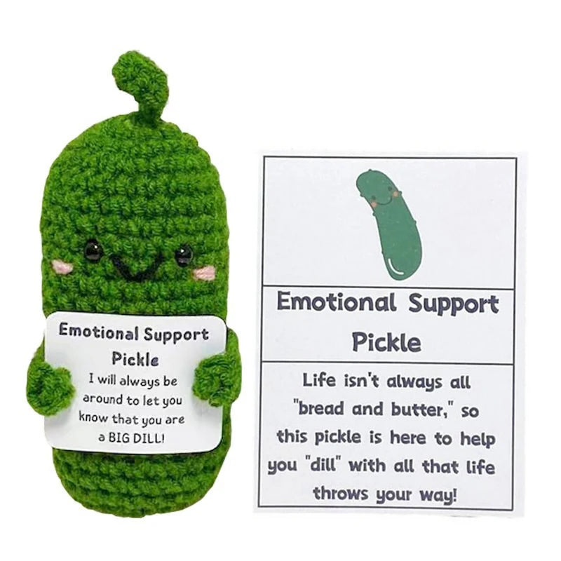 Handmade Emotional Support Pickled Cucumber Gift, Cute Handwoven Ornaments, Handmade Crochet Emotional Support Pickles With Wood
