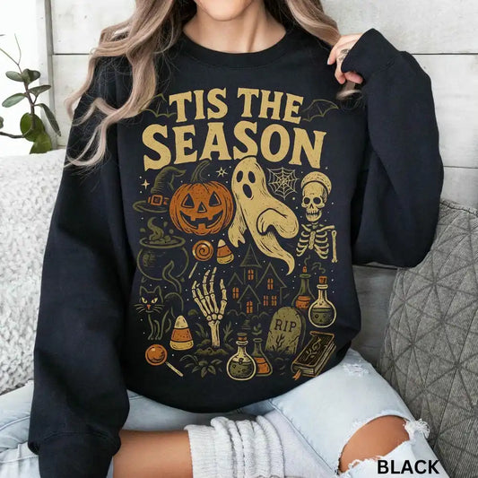 Retro Halloween Sweatshirt Tis' the Season Vintage Halloween Aesthetic Pumpkin Ghost Fleece Sweatshirt Y2K Unisex Streetwear