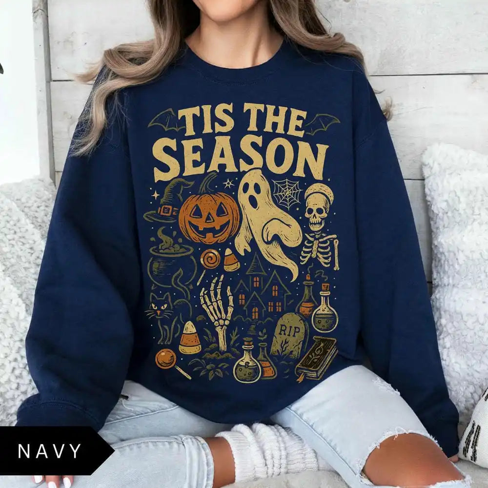 Retro Halloween Sweatshirt Tis' the Season Vintage Halloween Aesthetic Pumpkin Ghost Fleece Sweatshirt Y2K Unisex Streetwear