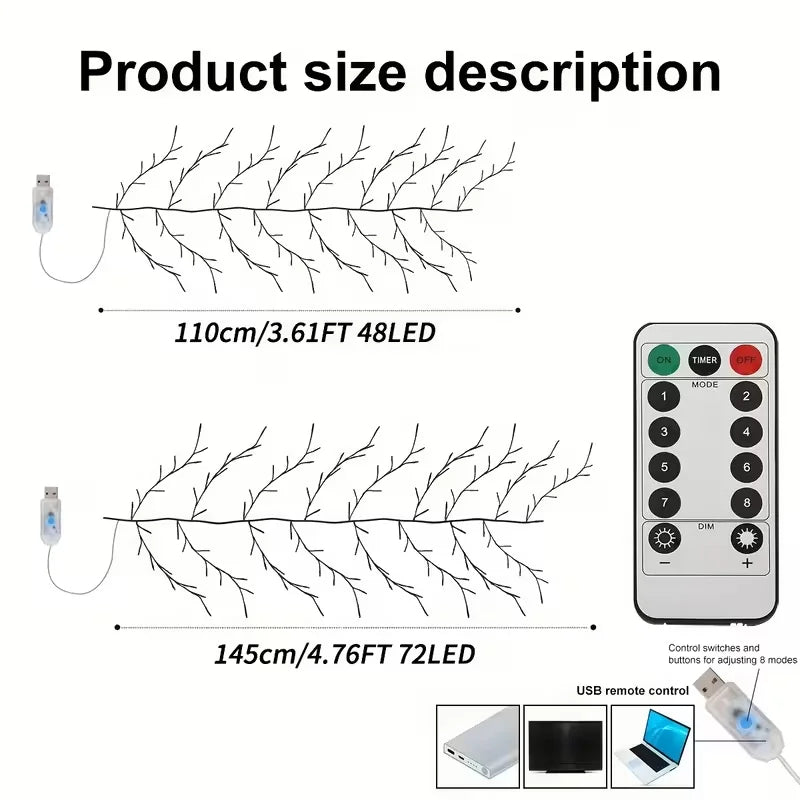 USB String Light 48/72LED Flexible DIY Tree Branch Lamp 8 Mode Dimmable Waterproof Fairy Light With Remote Bedroom Holiday Decor