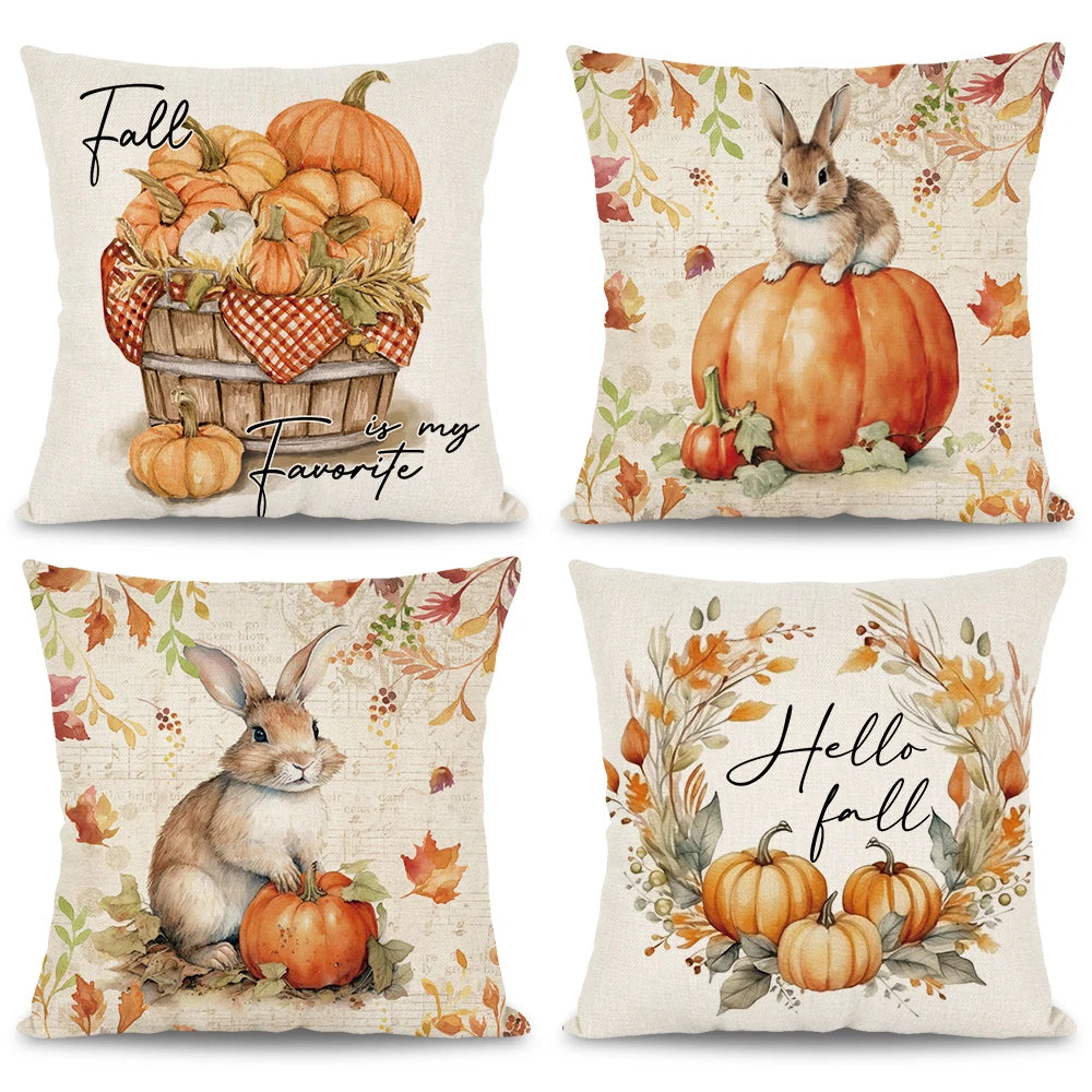 1pc/4pcs Happy Fall Pillowcover Fall Pumpkin Bunny Orange Design Cushion Cover Thanksgiving Party Autumn Decor Room Home Decor Fall Autumn Holiday