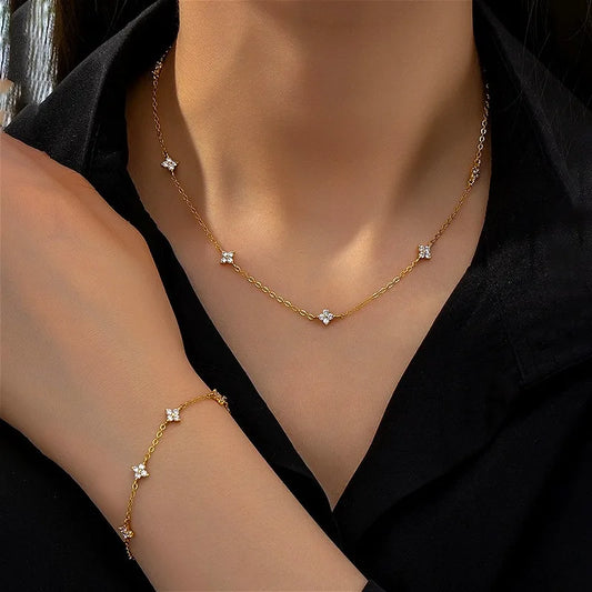 925 Sterling Silver Four-leaf Flower Necklace for Women Girls Luxury Adjustable Link Chain Necklace 18k Gold Jewelry Party Gifts