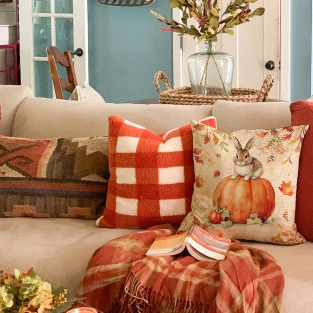 1pc/4pcs Happy Fall Pillowcover Fall Pumpkin Bunny Orange Design Cushion Cover Thanksgiving Party Autumn Decor Room Home Decor Fall Autumn Holiday