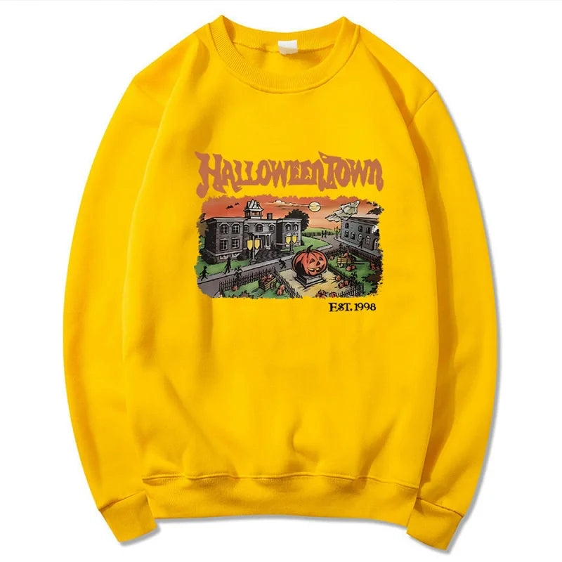 Yellow sweatshirt with 'Halloweentown' graphic design on a white background