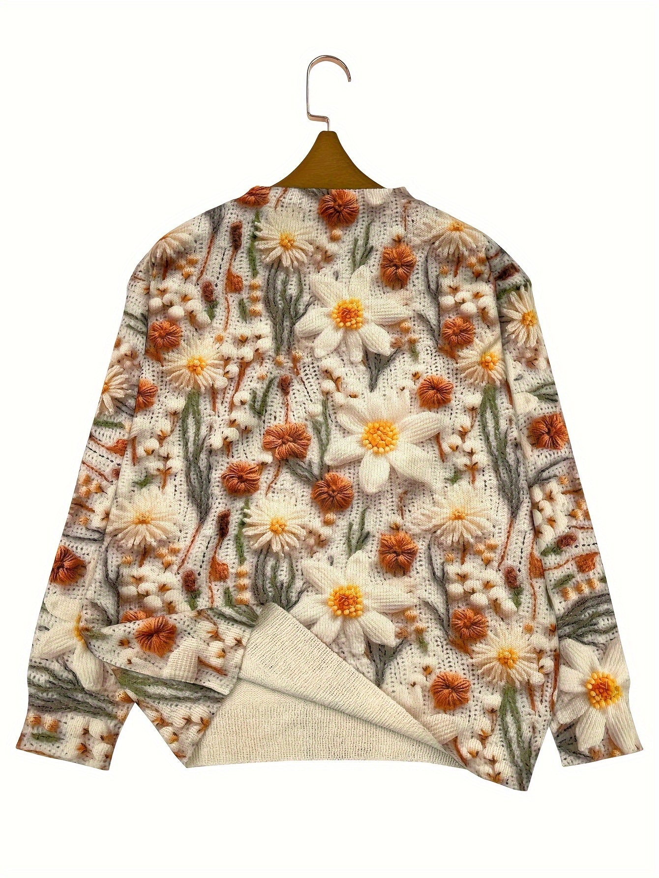 Women'S Lightweight Floral Sweater - All-Over Print Round Neck Long Sleeve Casual Chic Top, Soft Breathable Fabric, Regular Fit for All-Season Wear, Cute Sweater, Versatile Fashion, Elegant Knitwear, Durable Knitwear, Everyda