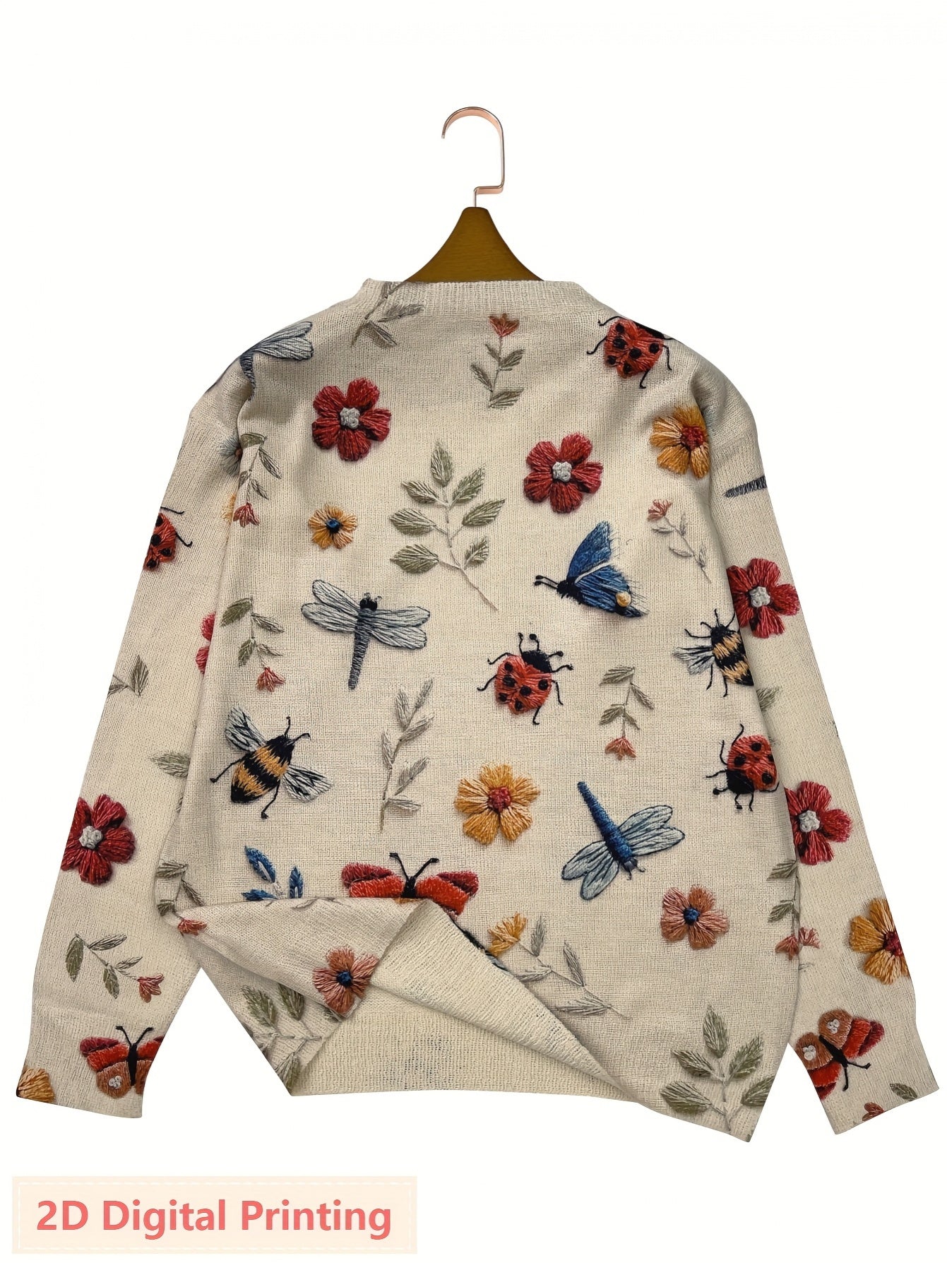 Women's Lightweight All-Over Insect Print Sweater - Ladybug, Bee & Pattern Cardigan with Beige & Tones, Casual Round Neck Long Sleeve Blouse for Spring Summer Fall Layering (No Belt/Hem Adjustments)