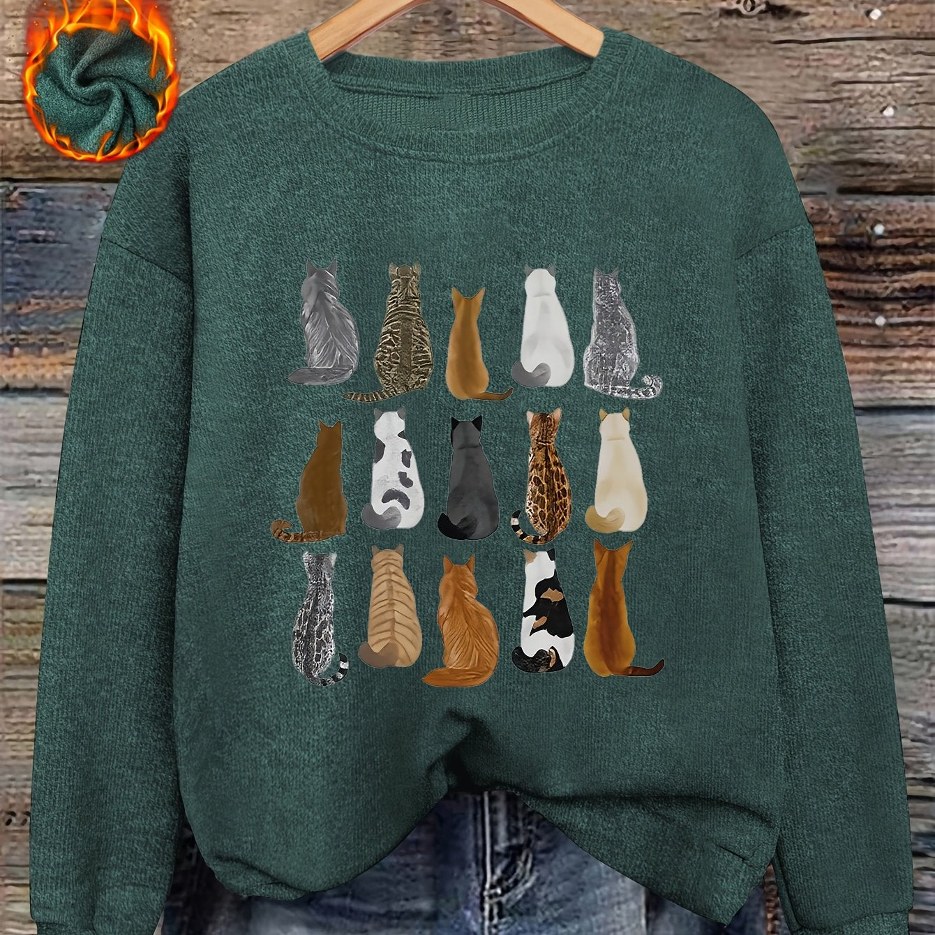 Women'S Print Sweater - Brown & Tabby Design with Tabby Faces, Soft Round Neck Pullover Sweater for Fall/Winter, Cozy Casual Everyday & Formal Outfits, Fall Winter Apparel, Fall Fashion, Animal Print Top, Fall Wardrobe, Styli