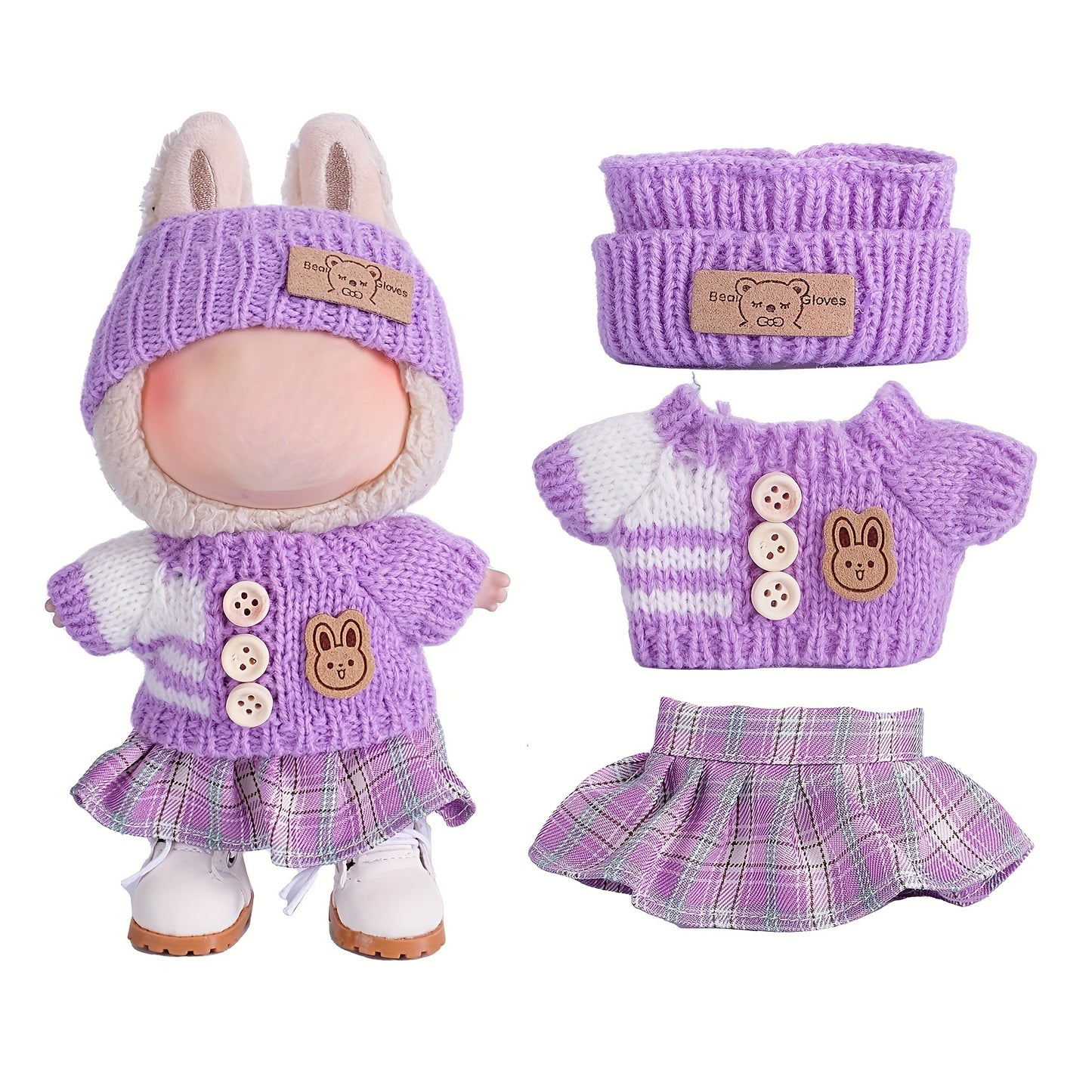 6.69inch Labubu Doll Clothes for buLabu with 3 Outfits - Stylish Fisherman Hat & Sweaters & Pants or skirt Set for 6.69inch Dolls, Adorable buLabu Accessories for Play & Display (Not Included shoes & Doll)