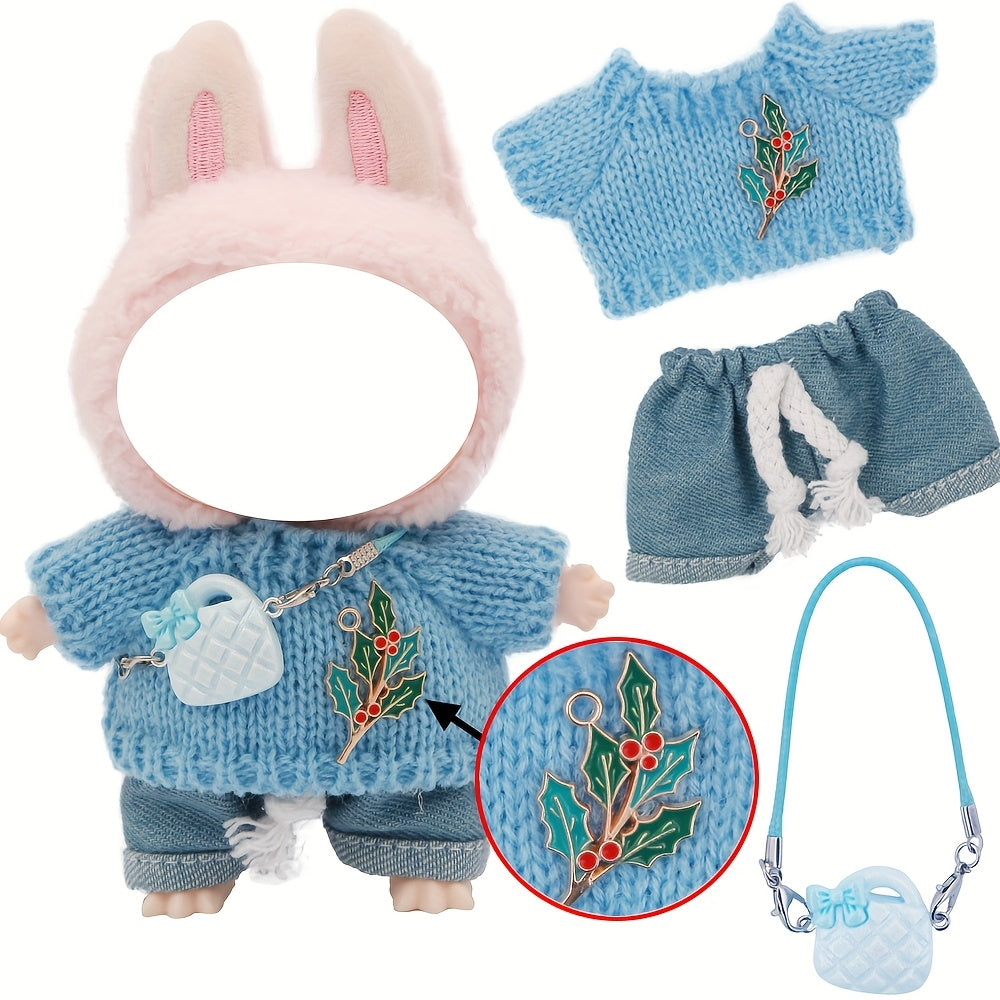 LABUBU 6.69inch Doll Outfit Set with Bunny Ears & Heart Patterns - Soft Pastel Colors (Pink, Green, Yellow, Purple, Orange, Red, Brown for labubu, Doll Clothes, Doll Clothes Set
