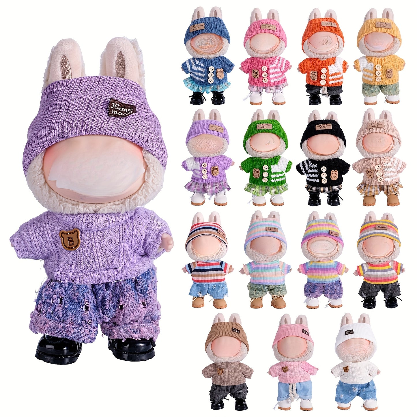 6.69inch Labubu Doll Clothes for buLabu with 3 Outfits - Stylish Fisherman Hat & Sweaters & Pants or skirt Set for 6.69inch Dolls, Adorable buLabu Accessories for Play & Display (Not Included shoes & Doll)