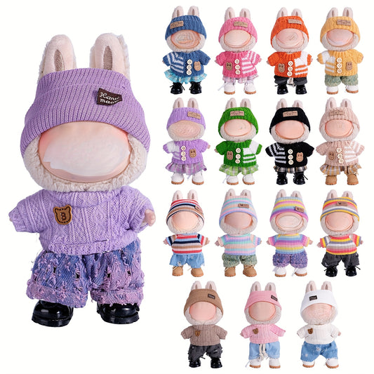 6.69inch Labubu Doll Clothes for buLabu with 3 Outfits - Stylish Fisherman Hat & Sweaters & Pants or skirt Set for 6.69inch Dolls, Adorable buLabu Accessories for Play & Display (Not Included shoes & Doll)