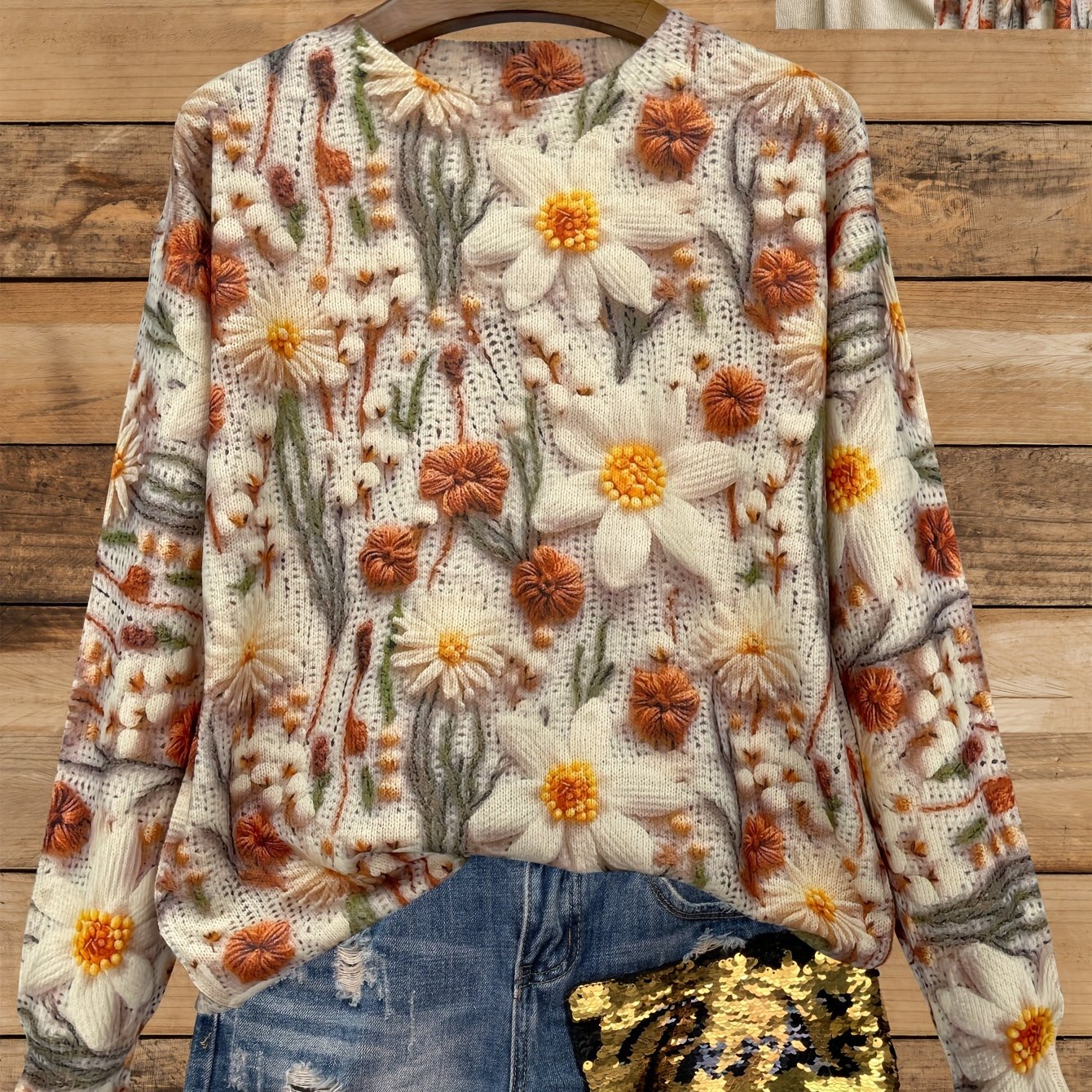 Women'S Lightweight Floral Sweater - All-Over Print Round Neck Long Sleeve Casual Chic Top, Soft Breathable Fabric, Regular Fit for All-Season Wear, Cute Sweater, Versatile Fashion, Elegant Knitwear, Durable Knitwear, Everyda