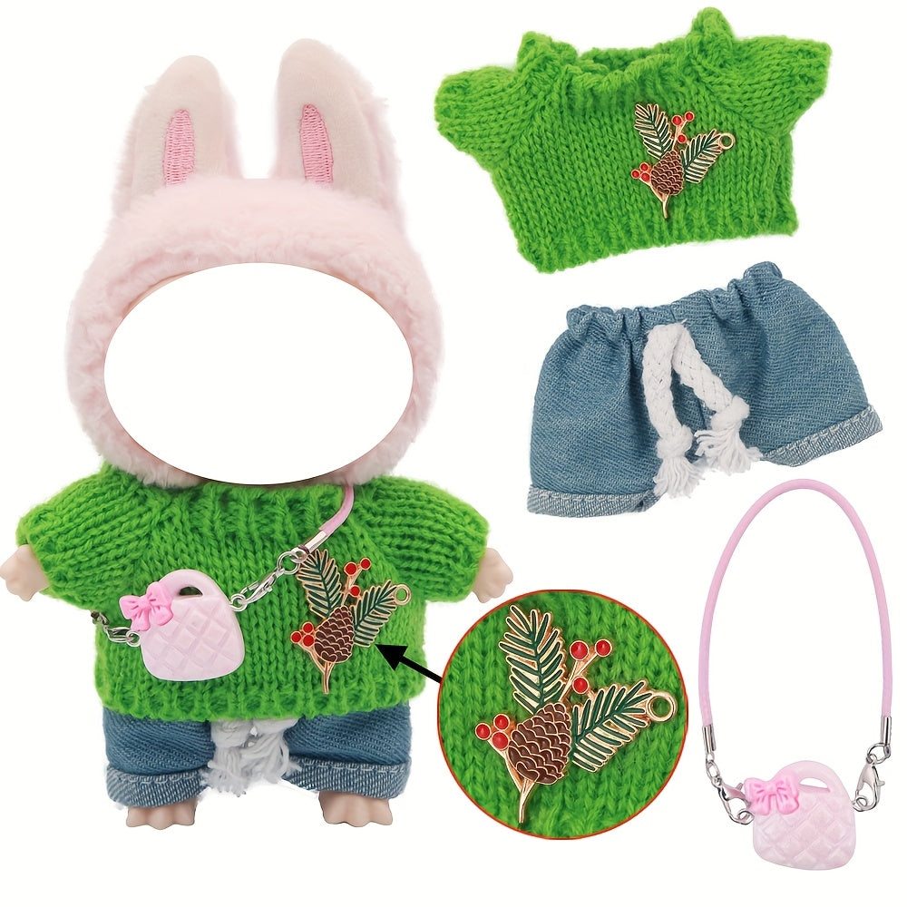 LABUBU 6.69inch Doll Outfit Set with Bunny Ears & Heart Patterns - Soft Pastel Colors (Pink, Green, Yellow, Purple, Orange, Red, Brown for labubu, Doll Clothes, Doll Clothes Set