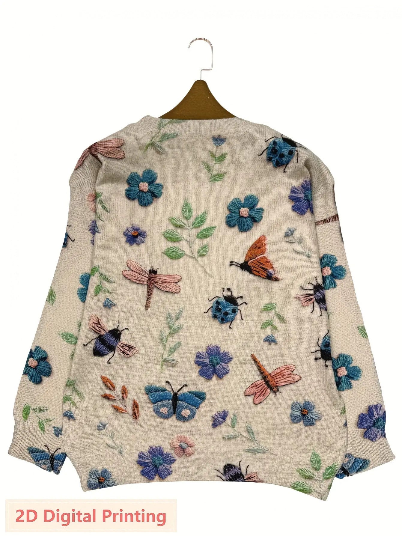 Women's Lightweight All-Over Insect Print Sweater - Ladybug, Bee & Pattern Cardigan with Beige & Tones, Casual Round Neck Long Sleeve Blouse for Spring Summer Fall Layering (No Belt/Hem Adjustments)