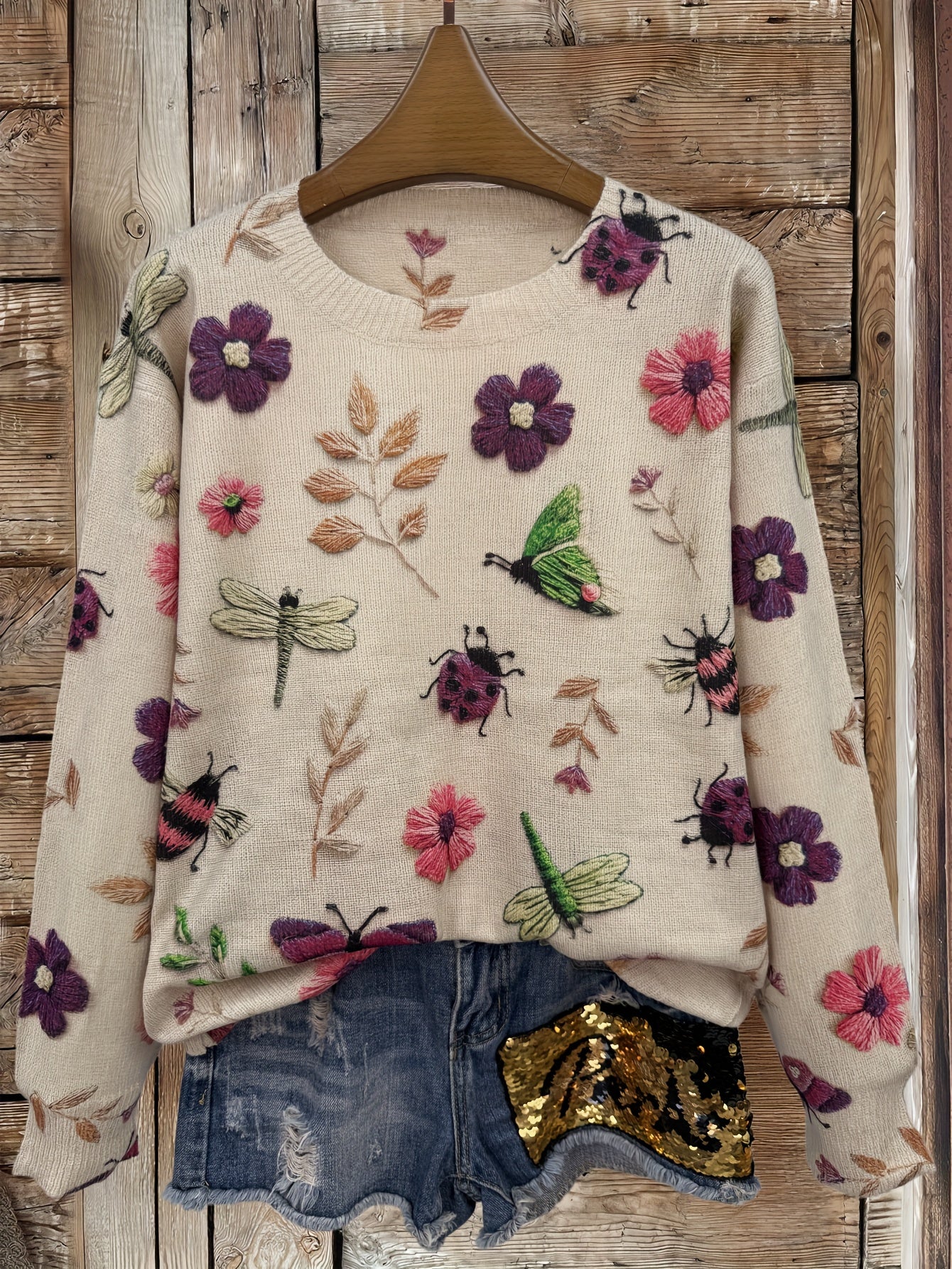 (2d Digital Printing) [All-Over Print] [Lightweight] [Sweater] All-Over Print Insects Printing Lightweight Knit, Casual Crew Neck Long Sleeve Sweater, Women's Clothing