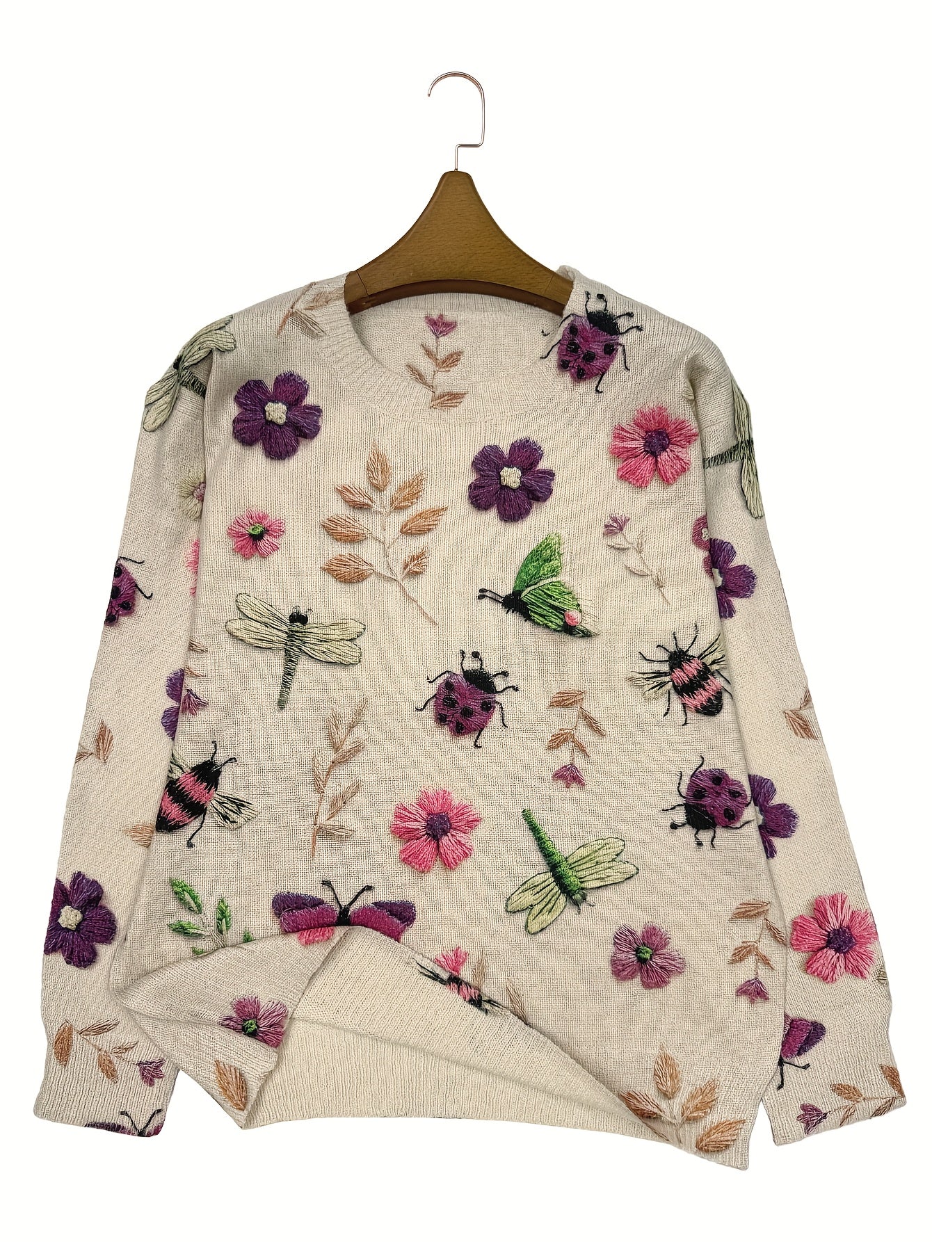 (2d Digital Printing) [All-Over Print] [Lightweight] [Sweater] All-Over Print Insects Printing Lightweight Knit, Casual Crew Neck Long Sleeve Sweater, Women's Clothing