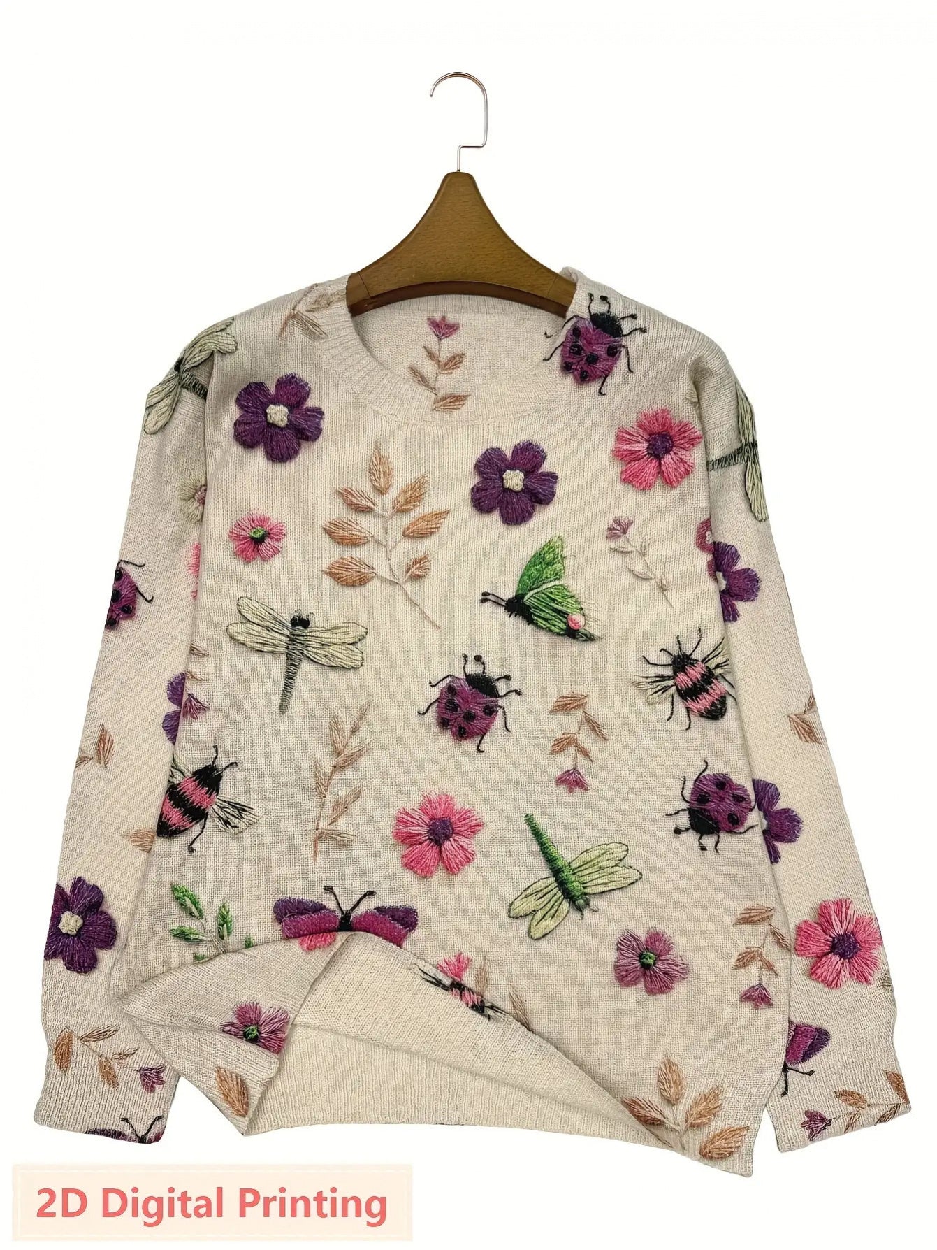 Women's Lightweight All-Over Insect Print Sweater - Ladybug, Bee & Pattern Cardigan with Beige & Tones, Casual Round Neck Long Sleeve Blouse for Spring Summer Fall Layering (No Belt/Hem Adjustments)