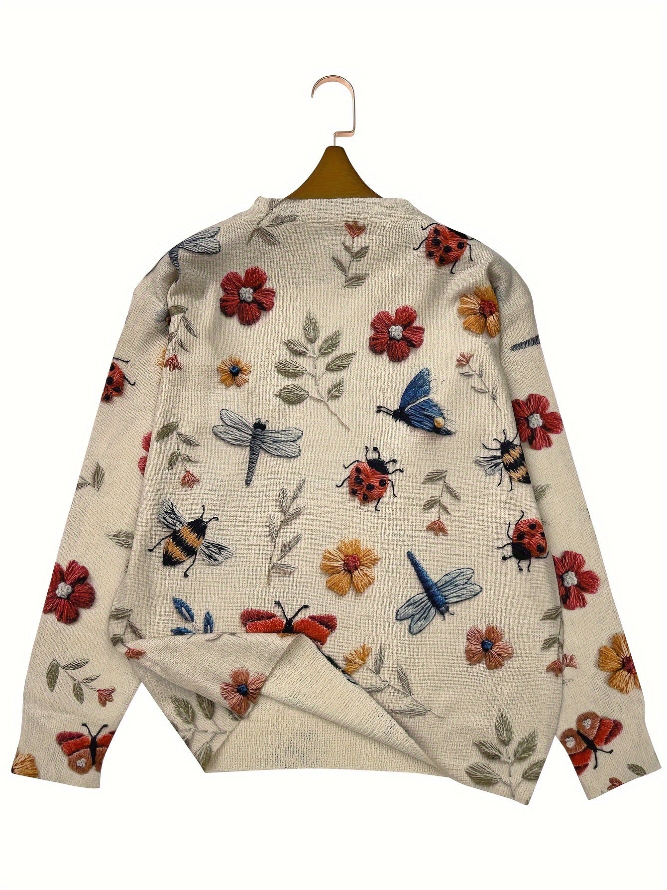 (2d Digital Printing) [All-Over Print] [Lightweight] [Sweater] All-Over Print Insects Printing Lightweight Knit, Casual Crew Neck Long Sleeve Sweater, Women's Clothing