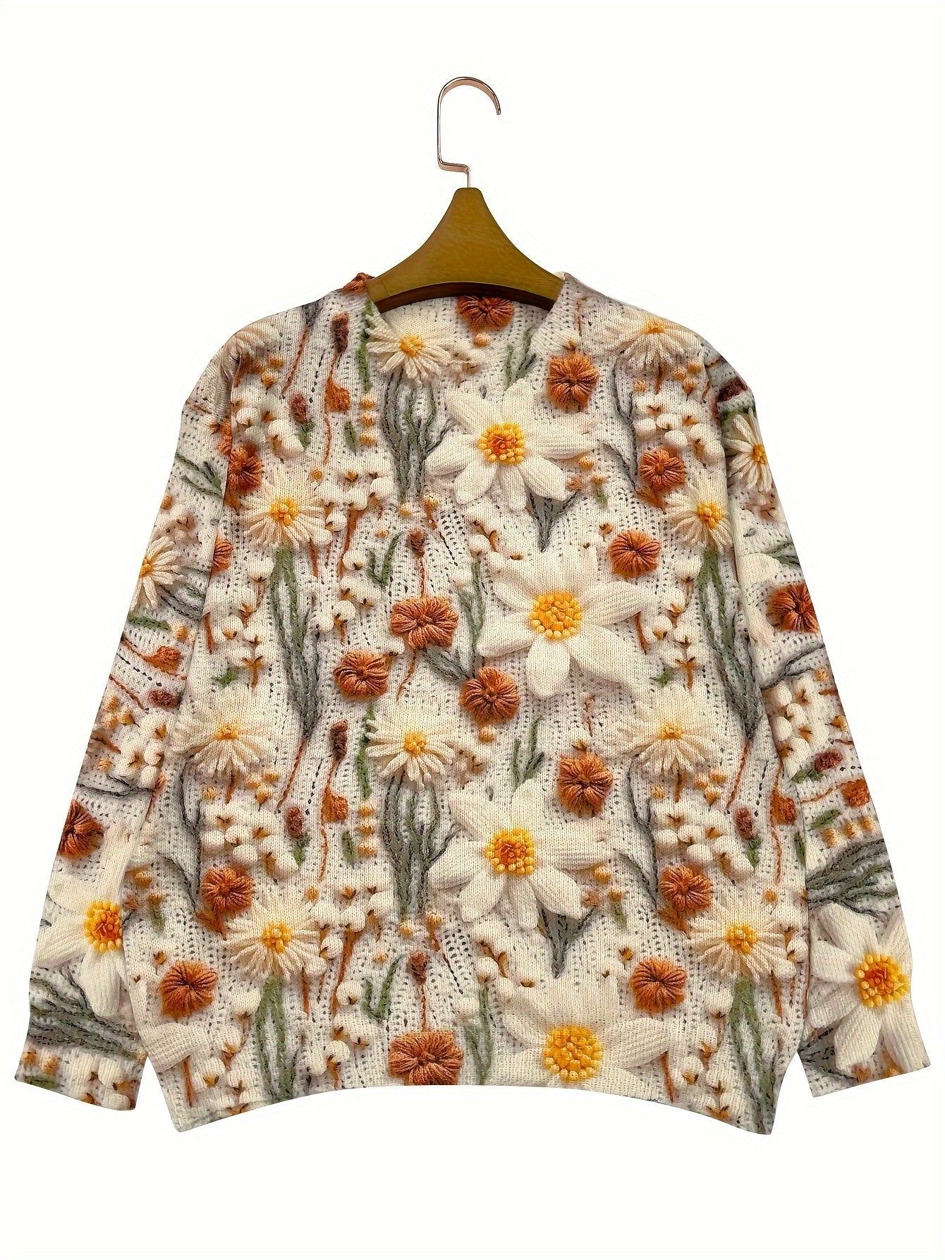 Women'S Lightweight Floral Sweater - All-Over Print Round Neck Long Sleeve Casual Chic Top, Soft Breathable Fabric, Regular Fit for All-Season Wear, Cute Sweater, Versatile Fashion, Elegant Knitwear, Durable Knitwear, Everyda