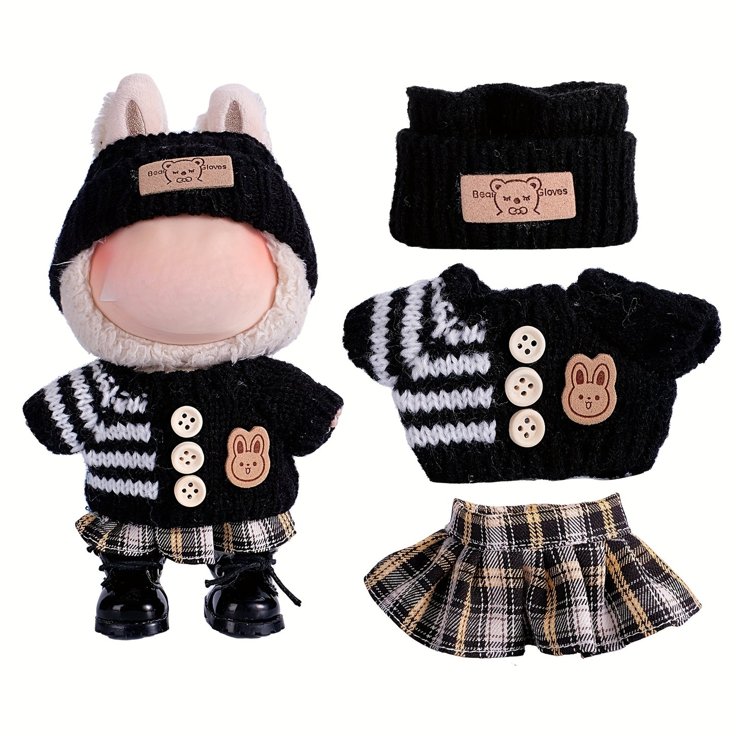 6.69inch Labubu Doll Clothes for buLabu with 3 Outfits - Stylish Fisherman Hat & Sweaters & Pants or skirt Set for 6.69inch Dolls, Adorable buLabu Accessories for Play & Display (Not Included shoes & Doll)