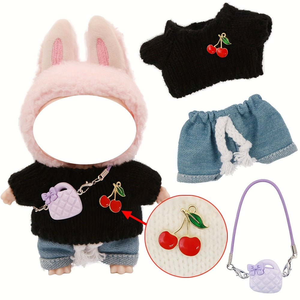 LABUBU 6.69inch Doll Outfit Set with Bunny Ears & Heart Patterns - Soft Pastel Colors (Pink, Green, Yellow, Purple, Orange, Red, Brown for labubu, Doll Clothes, Doll Clothes Set