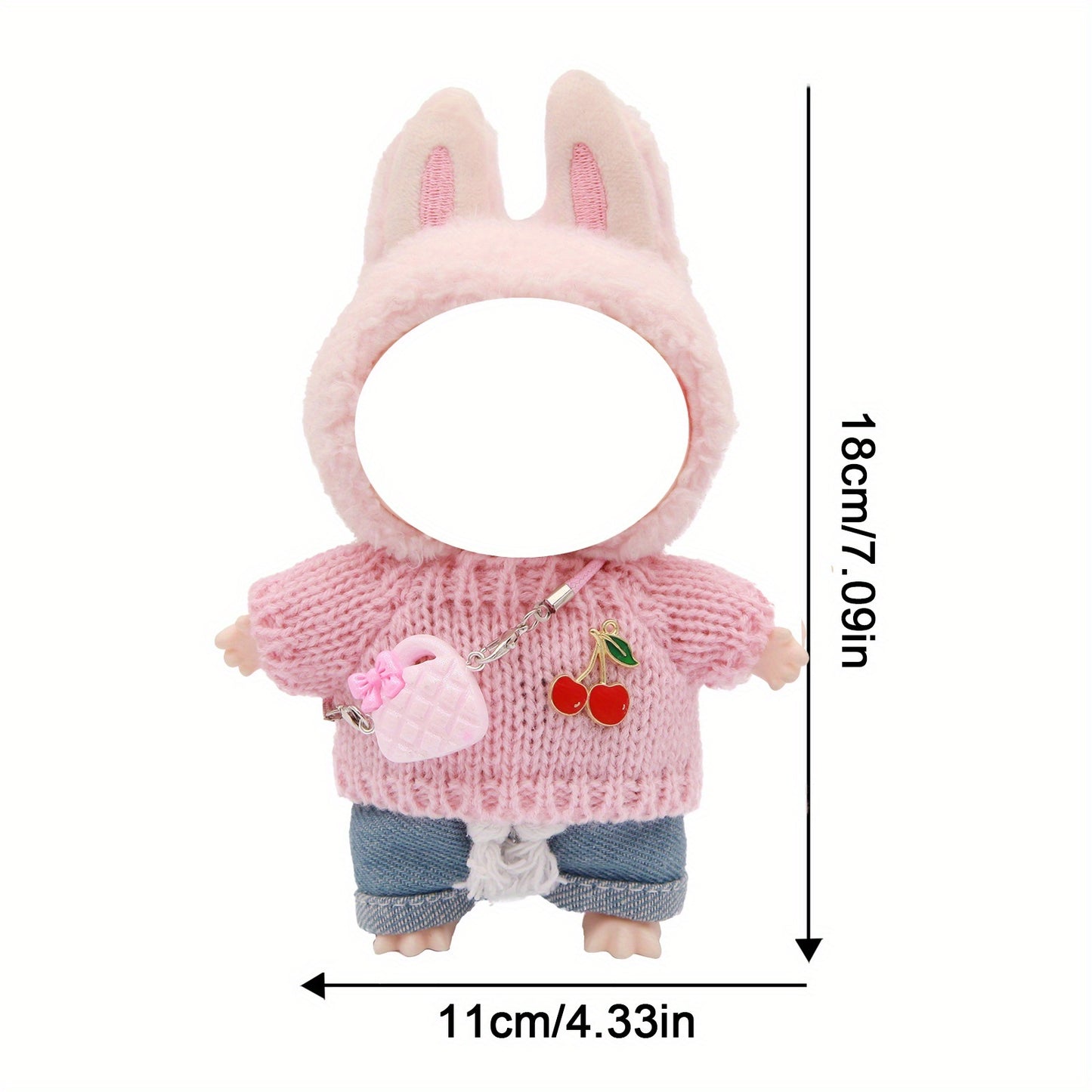 LABUBU 6.69inch Doll Outfit Set with Bunny Ears & Heart Patterns - Soft Pastel Colors (Pink, Green, Yellow, Purple, Orange, Red, Brown for labubu, Doll Clothes, Doll Clothes Set