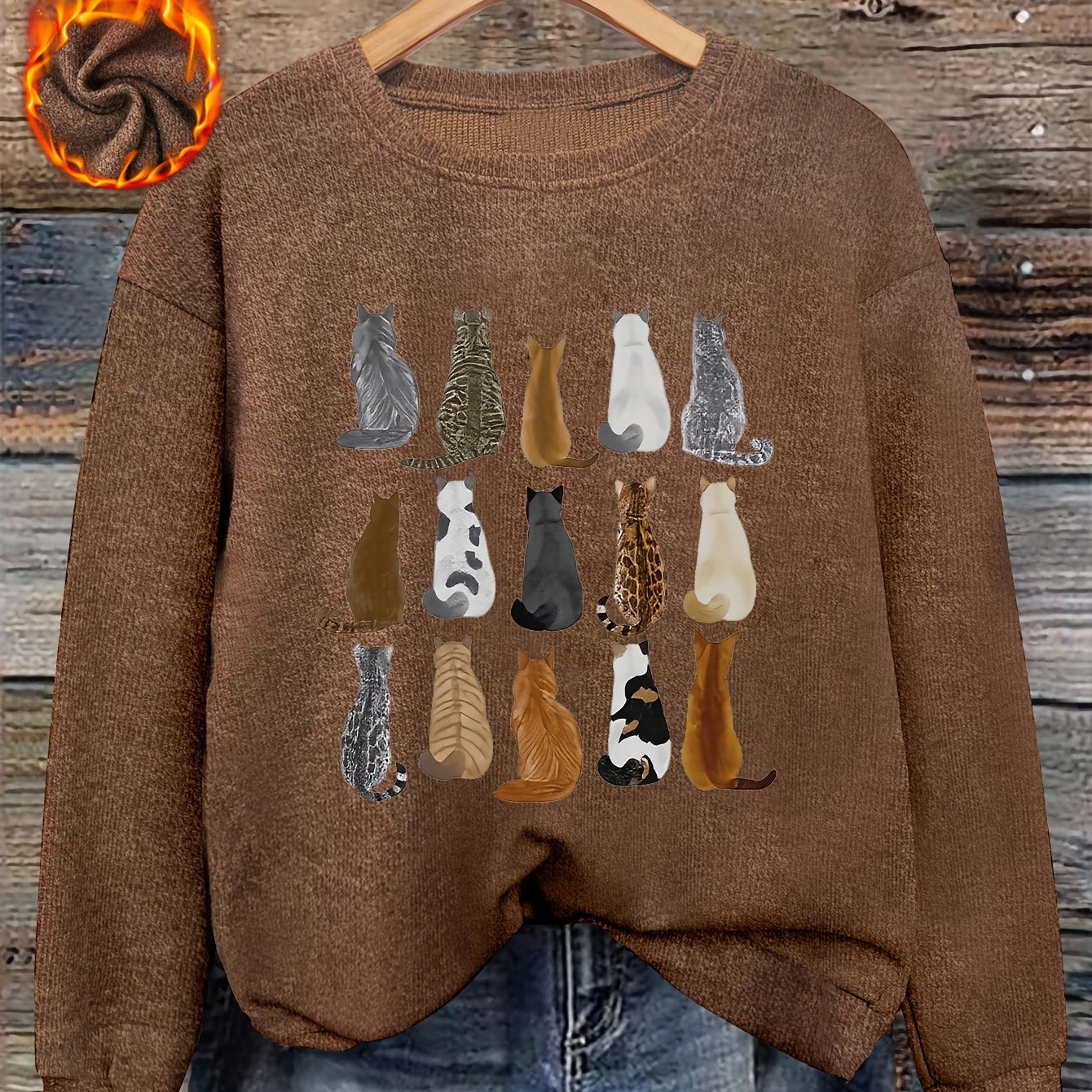 Women'S Print Sweater - Brown & Tabby Design with Tabby Faces, Soft Round Neck Pullover Sweater for Fall/Winter, Cozy Casual Everyday & Formal Outfits, Fall Winter Apparel, Fall Fashion, Animal Print Top, Fall Wardrobe, Styli