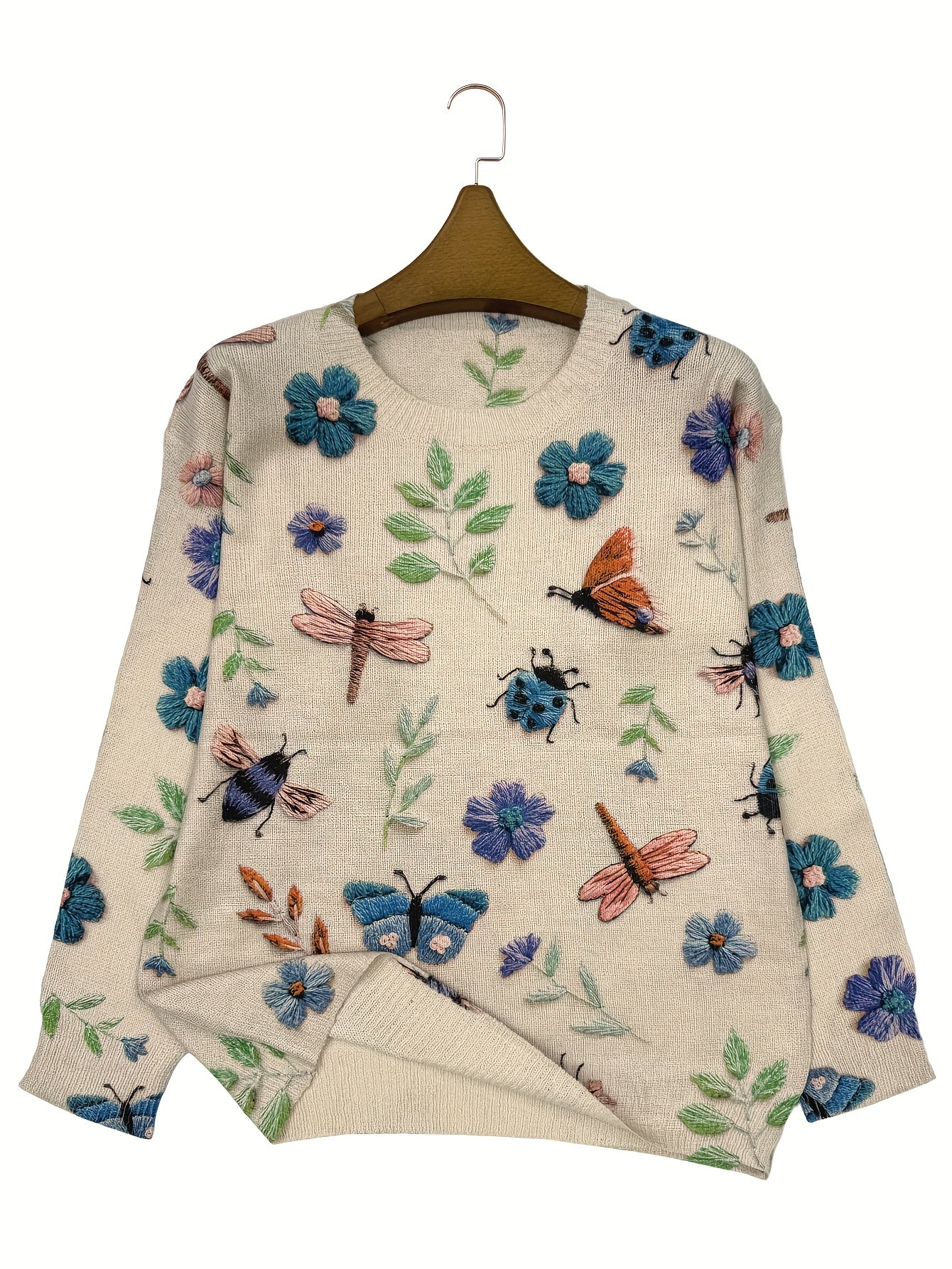 (2d Digital Printing) [All-Over Print] [Lightweight] [Sweater] All-Over Print Insects Printing Lightweight Knit, Casual Crew Neck Long Sleeve Sweater, Women's Clothing