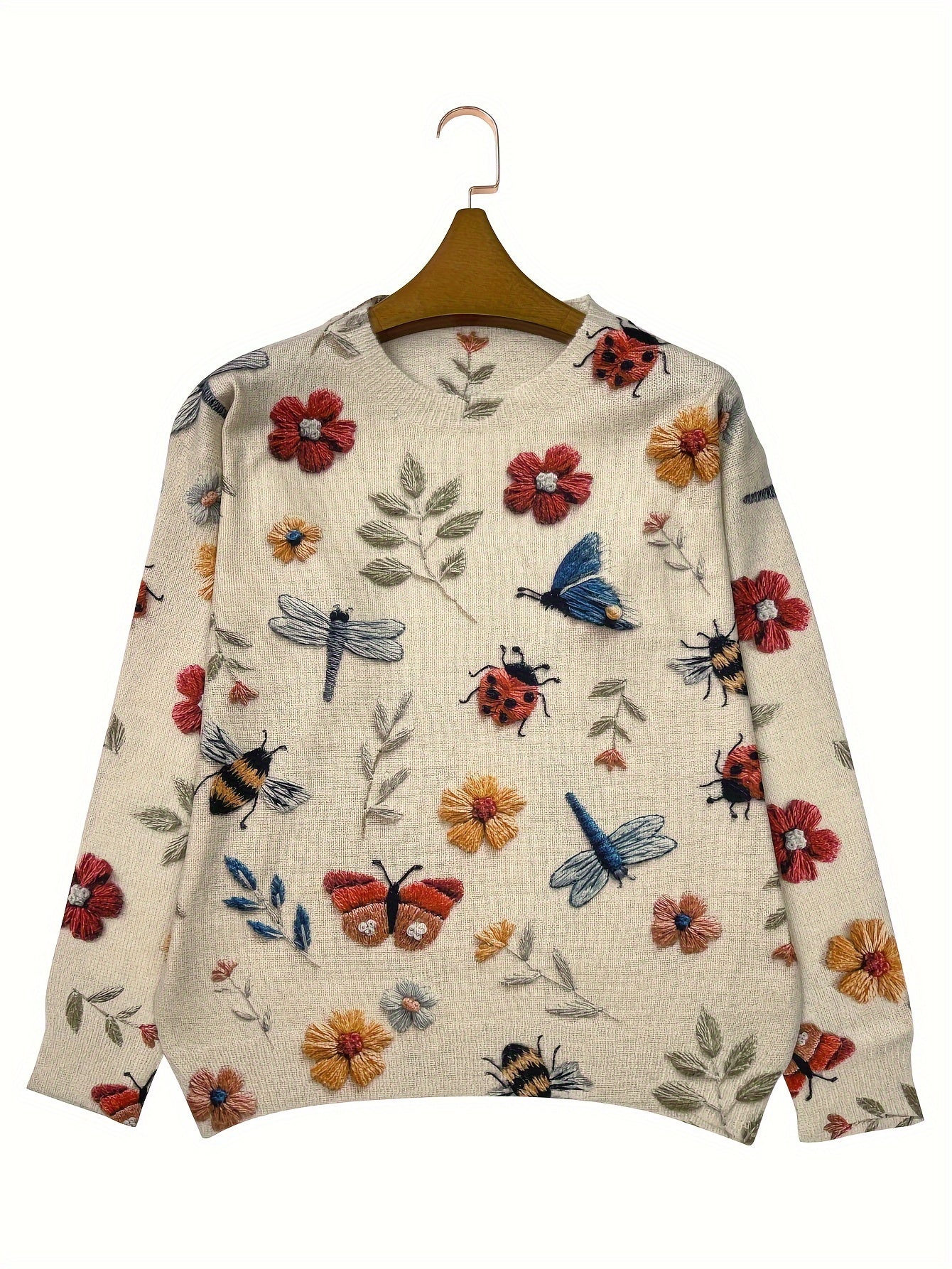 (2d Digital Printing) [All-Over Print] [Lightweight] [Sweater] All-Over Print Insects Printing Lightweight Knit, Casual Crew Neck Long Sleeve Sweater, Women's Clothing
