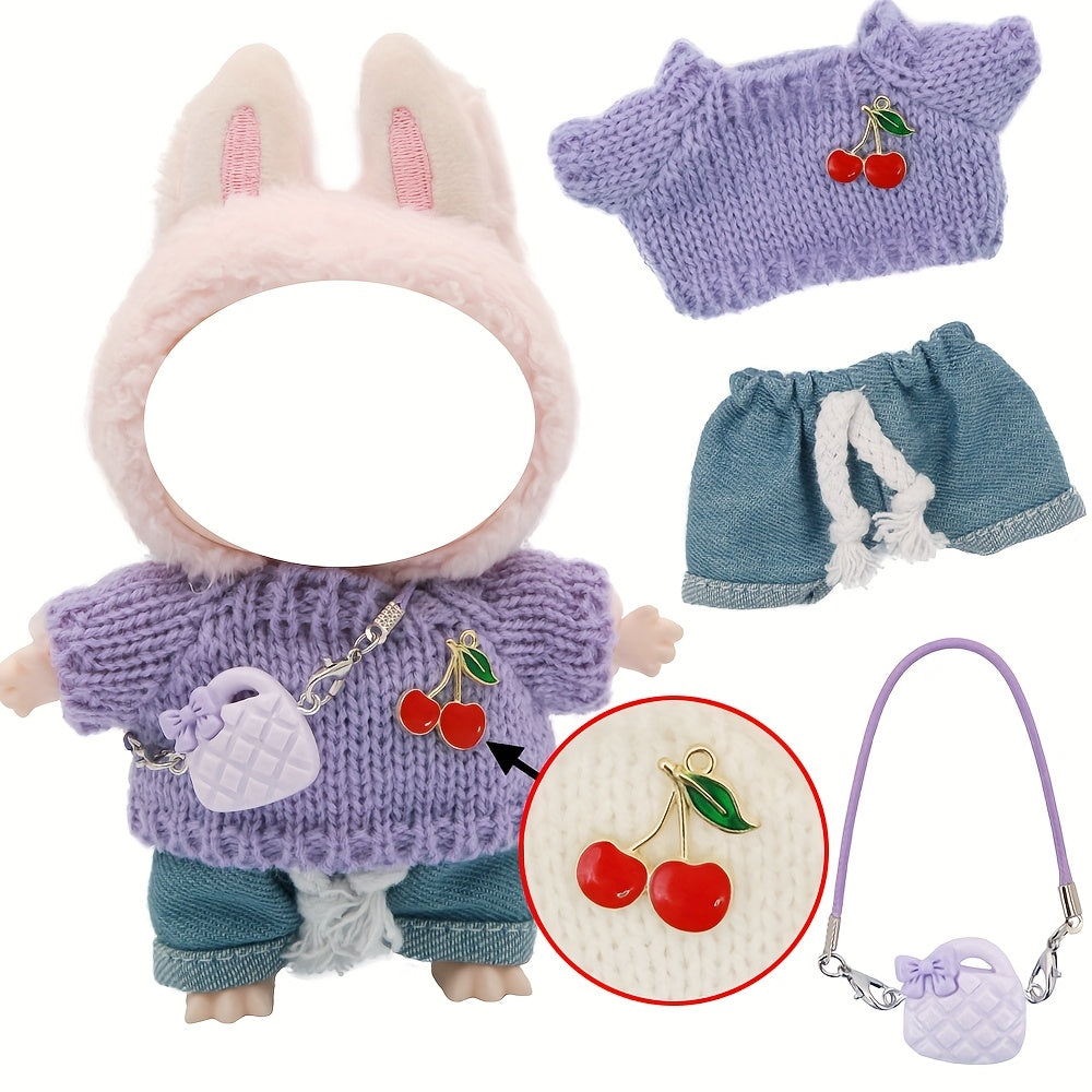 LABUBU 6.69inch Doll Outfit Set with Bunny Ears & Heart Patterns - Soft Pastel Colors (Pink, Green, Yellow, Purple, Orange, Red, Brown for labubu, Doll Clothes, Doll Clothes Set