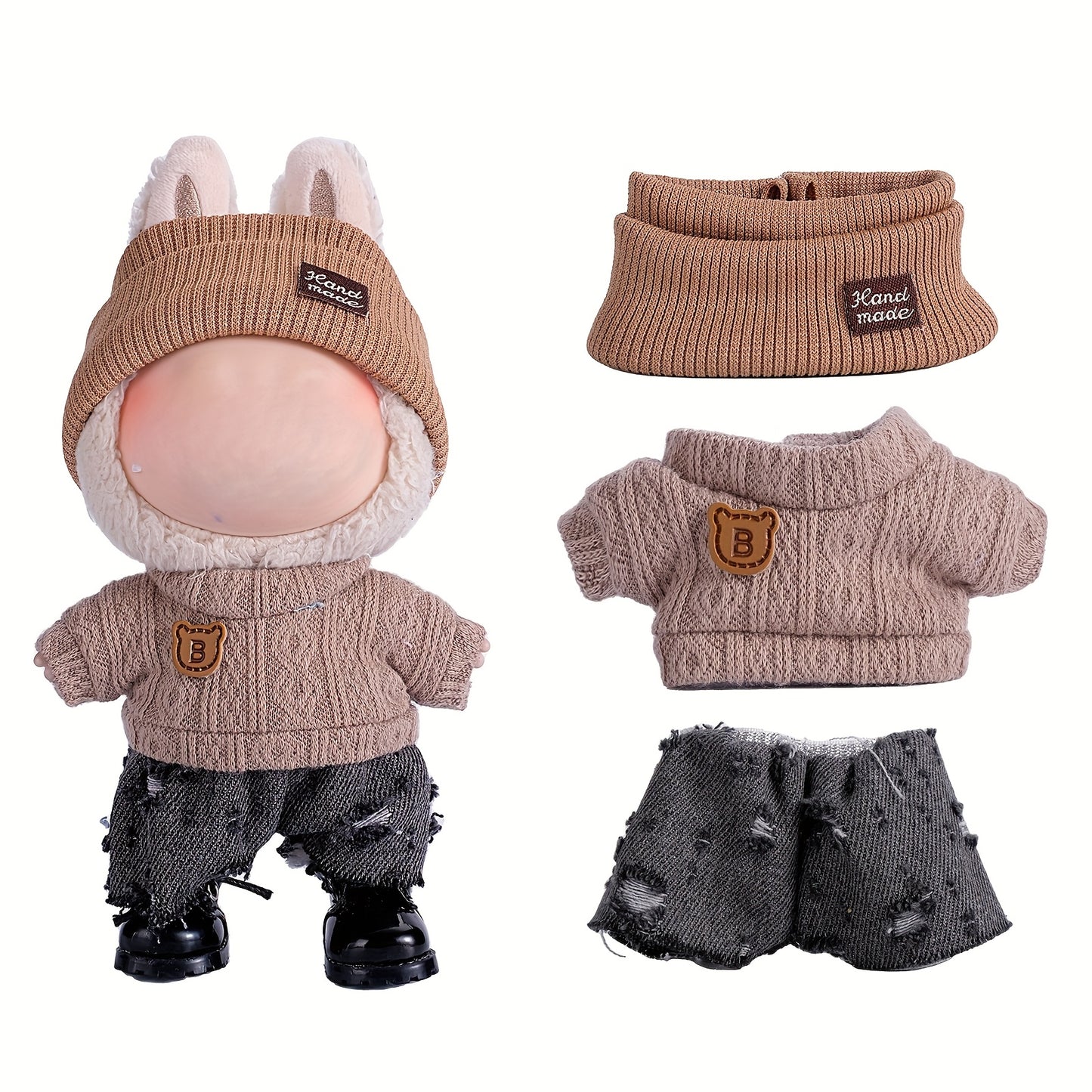6.69inch Labubu Doll Clothes for buLabu with 3 Outfits - Stylish Fisherman Hat & Sweaters & Pants or skirt Set for 6.69inch Dolls, Adorable buLabu Accessories for Play & Display (Not Included shoes & Doll)