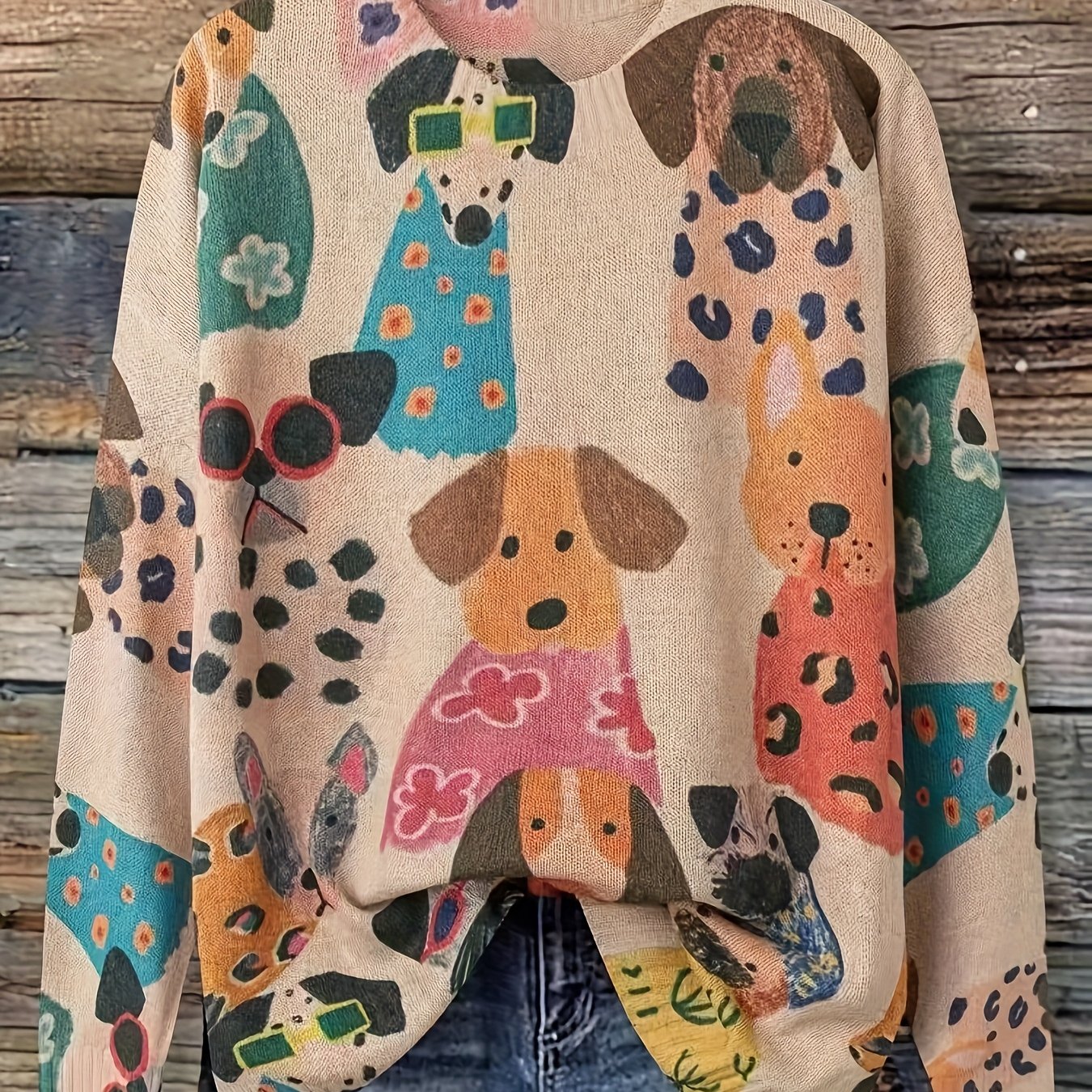 Women'S Oversized Dog Print Sweater - & Brown Animal Pattern Long Sleeve Pullover, Soft Round Neck Sweater for Everyday & Formal Outfits, Fashion Lovers, Stylish Top, Cozy Material, Trendy Design, Fall Wardrobe, Casual Winter