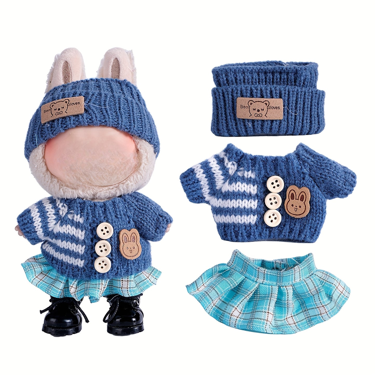 6.69inch Labubu Doll Clothes for buLabu with 3 Outfits - Stylish Fisherman Hat & Sweaters & Pants or skirt Set for 6.69inch Dolls, Adorable buLabu Accessories for Play & Display (Not Included shoes & Doll)