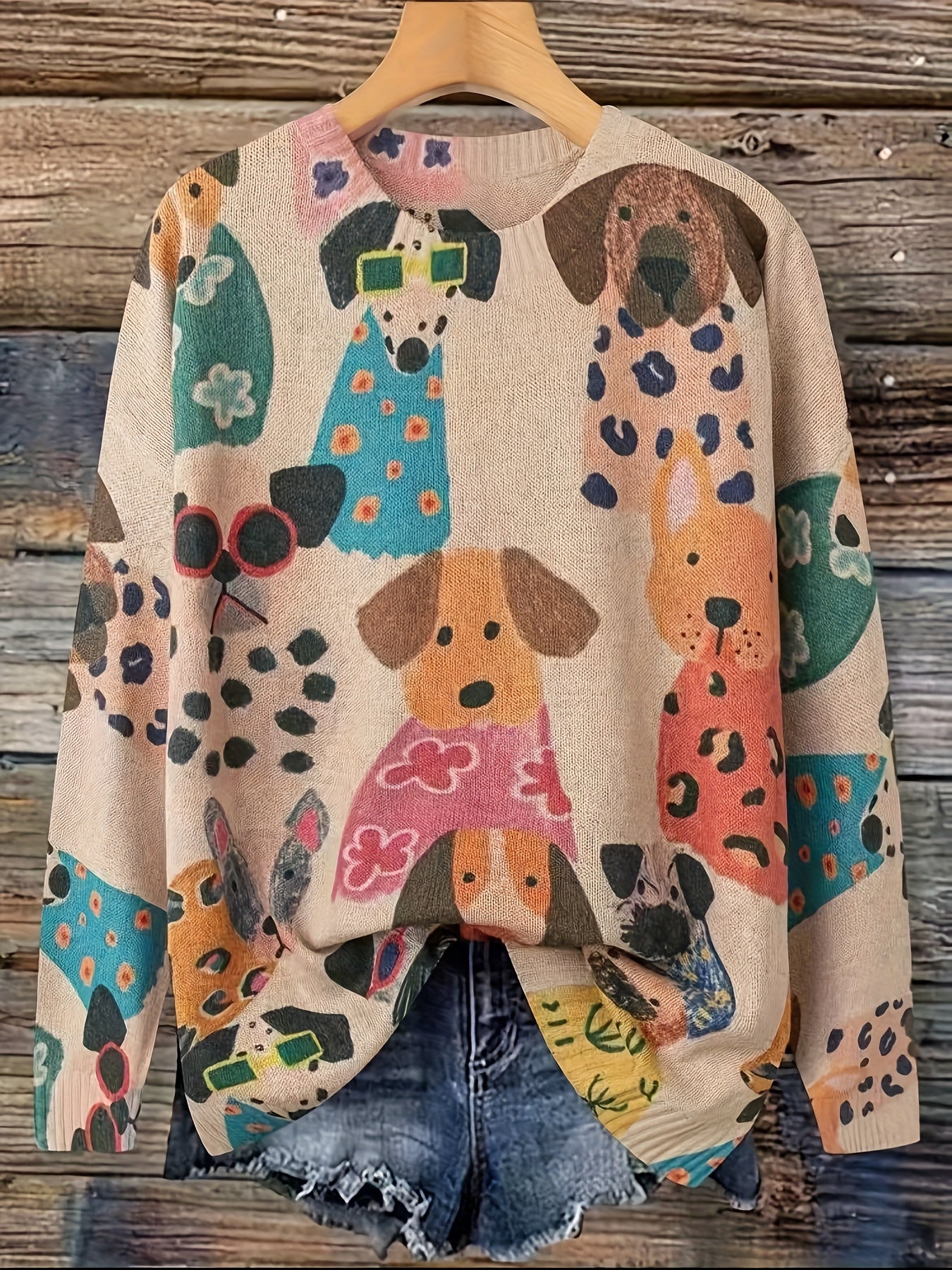 Women'S Oversized Dog Print Sweater - & Brown Animal Pattern Long Sleeve Pullover, Soft Round Neck Sweater for Everyday & Formal Outfits, Fashion Lovers, Stylish Top, Cozy Material, Trendy Design, Fall Wardrobe, Casual Winter