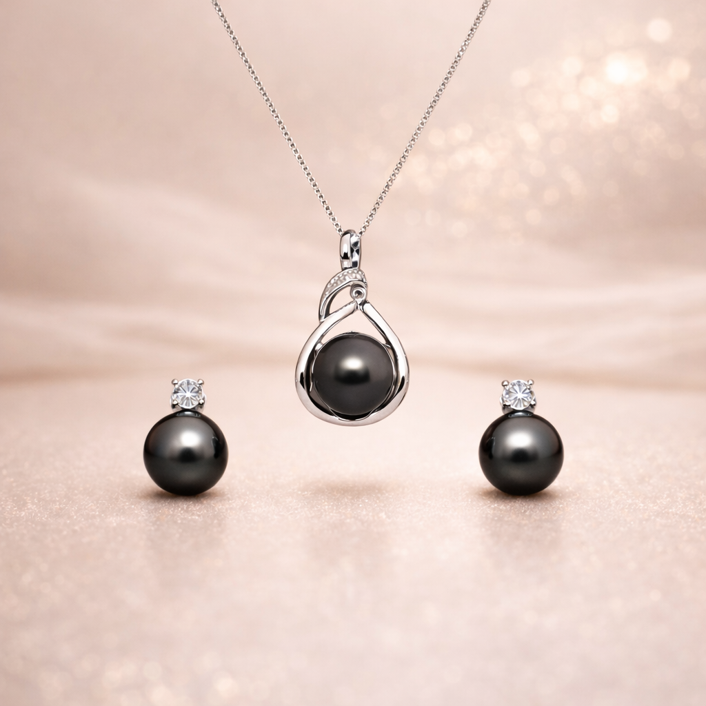 Eternal Luster Set™ — Tahitian Black Pearl Necklace + Earrings
