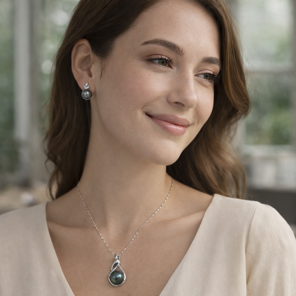 Eternal Luster Set™ — Tahitian Black Pearl Necklace + Earrings